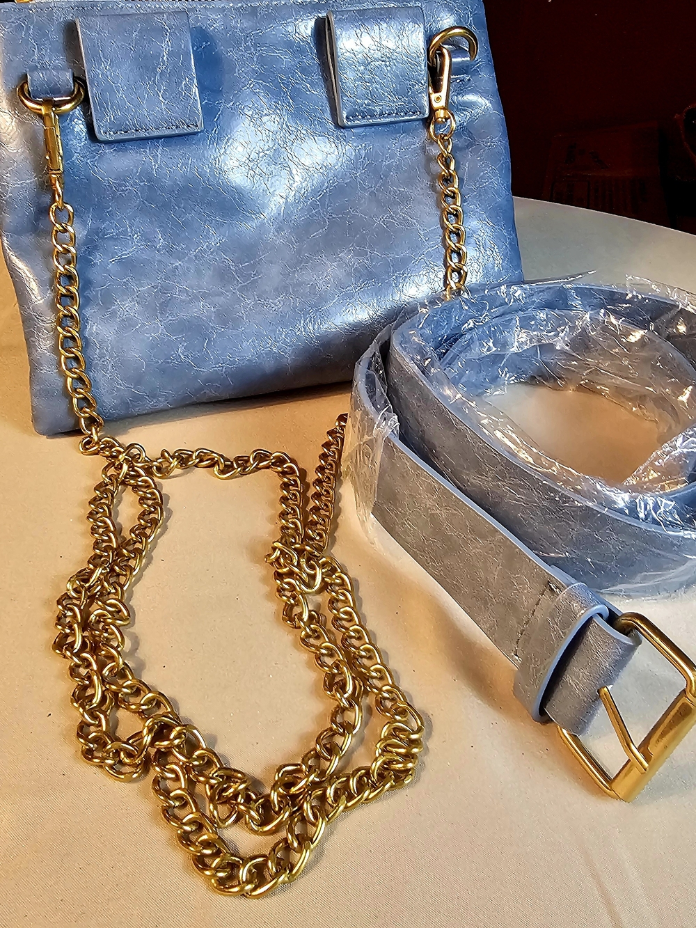 Anthropologie Blue Distressed Crossbody Bag Clutch & Matching Belt Set